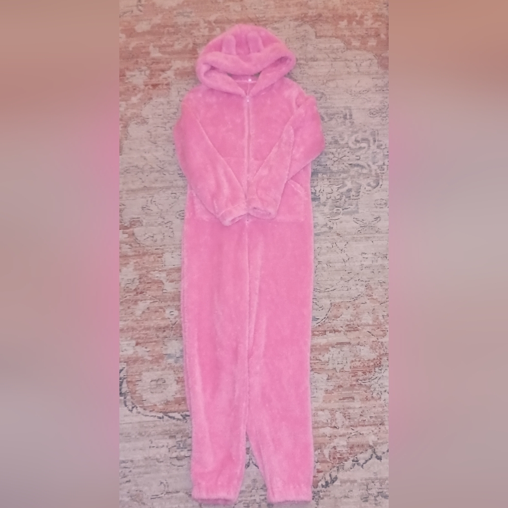 Pink Zip Up Fluffy Bear Suit Women's Medium